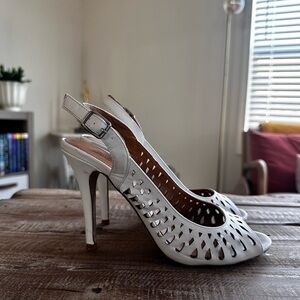ShoeDazzle White Slingback Heels with Peep Toe, Size 8.5